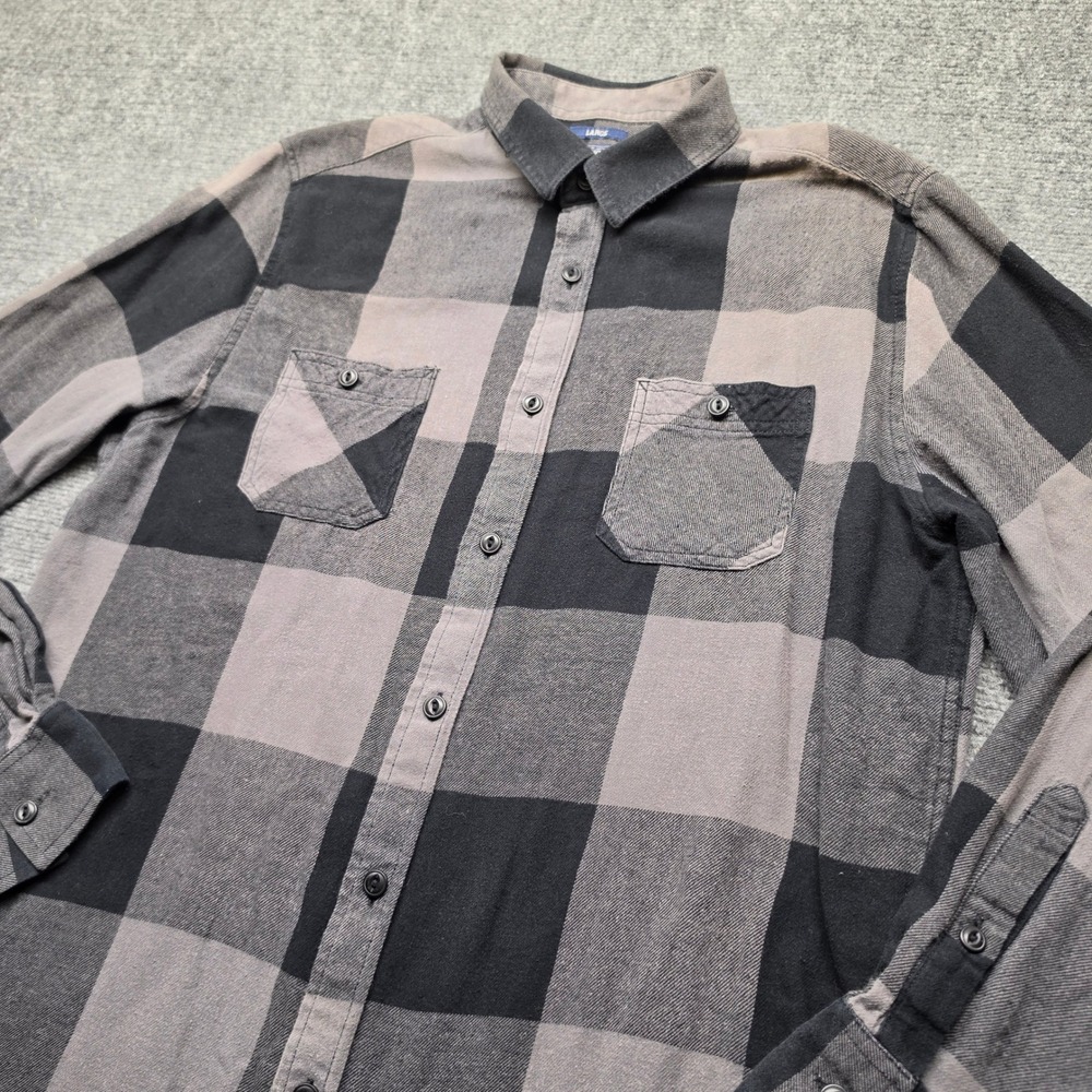 American Rag Mens Flannel Shirt Large Black Grey Buffalo Plaid Cotton 1811